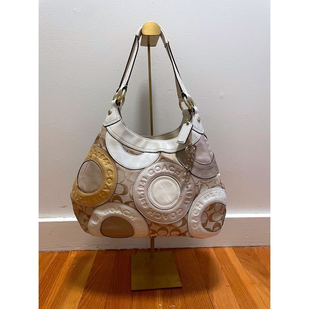 Coach Patchwork Maggie Hobo Bag Cream Tan Beige Gold Charm F18824